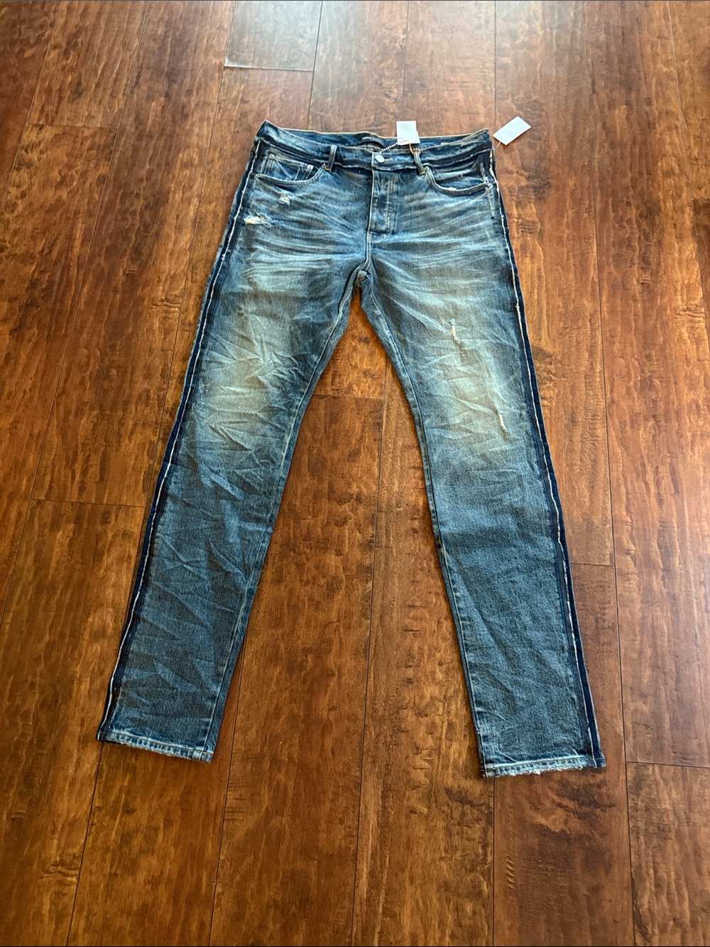 Men's Skinny Washed Blue Jeans with Side Stripe